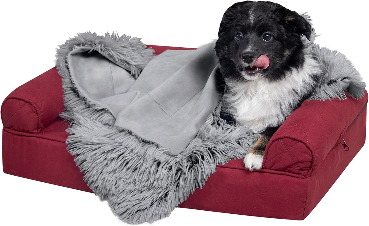 Waterproof Throw Blanket for Dogs & Indoor Cats, Washable - Shaggy Plush Calming Long Faux Fur & Velvet Dog Blanket - Gray, Large