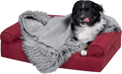 Waterproof Throw Blanket for Dogs & Indoor Cats, Washable - Shaggy Plush Calming Long Faux Fur & Velvet Dog Blanket - Gray, Large