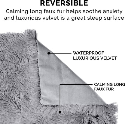 Waterproof Throw Blanket for Dogs & Indoor Cats, Washable - Shaggy Plush Calming Long Faux Fur & Velvet Dog Blanket - Gray, Large