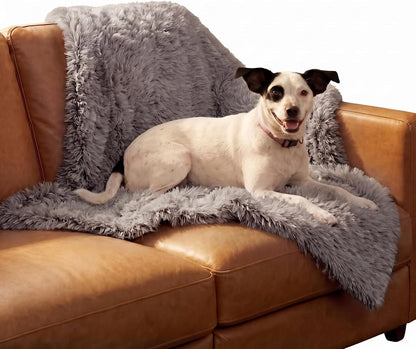 Waterproof Throw Blanket for Dogs & Indoor Cats, Washable - Shaggy Plush Calming Long Faux Fur & Velvet Dog Blanket - Gray, Large