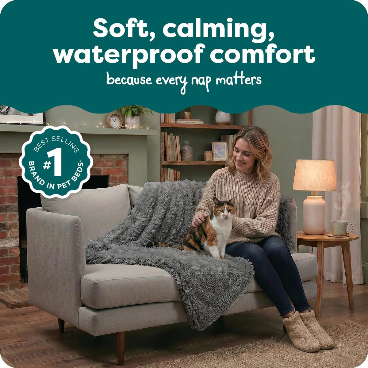Waterproof Throw Blanket for Dogs & Indoor Cats, Washable - Shaggy Plush Calming Long Faux Fur & Velvet Dog Blanket - Gray, Large