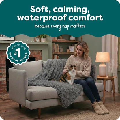 Waterproof Throw Blanket for Dogs & Indoor Cats, Washable - Shaggy Plush Calming Long Faux Fur & Velvet Dog Blanket - Gray, Large