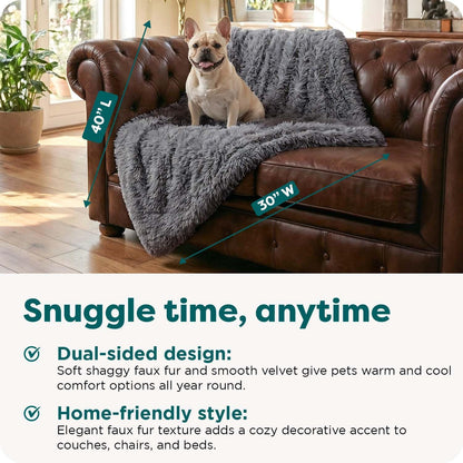 Waterproof Throw Blanket for Dogs & Indoor Cats, Washable - Shaggy Plush Calming Long Faux Fur & Velvet Dog Blanket - Gray, Large