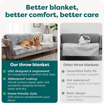 Waterproof Throw Blanket for Dogs & Indoor Cats, Washable - Shaggy Plush Calming Long Faux Fur & Velvet Dog Blanket - Gray, Large