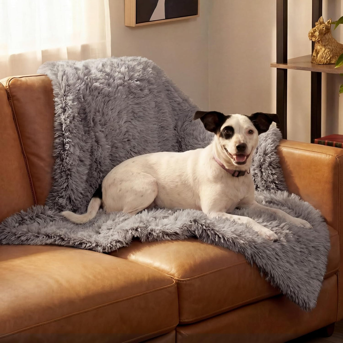 Waterproof Throw Blanket for Dogs & Indoor Cats, Washable - Shaggy Plush Calming Long Faux Fur & Velvet Dog Blanket - Gray, Large