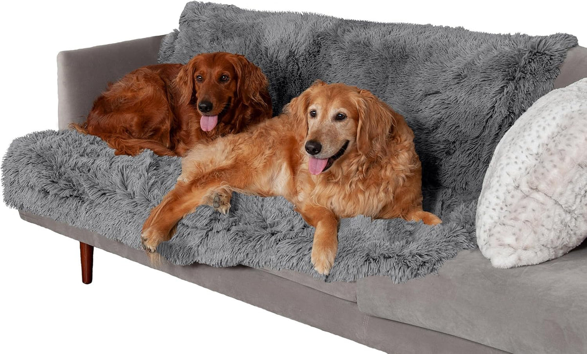 Waterproof Throw Blanket for Dogs & Indoor Cats, Washable - Shaggy Plush Calming Long Faux Fur & Velvet Dog Blanket - Gray, Large