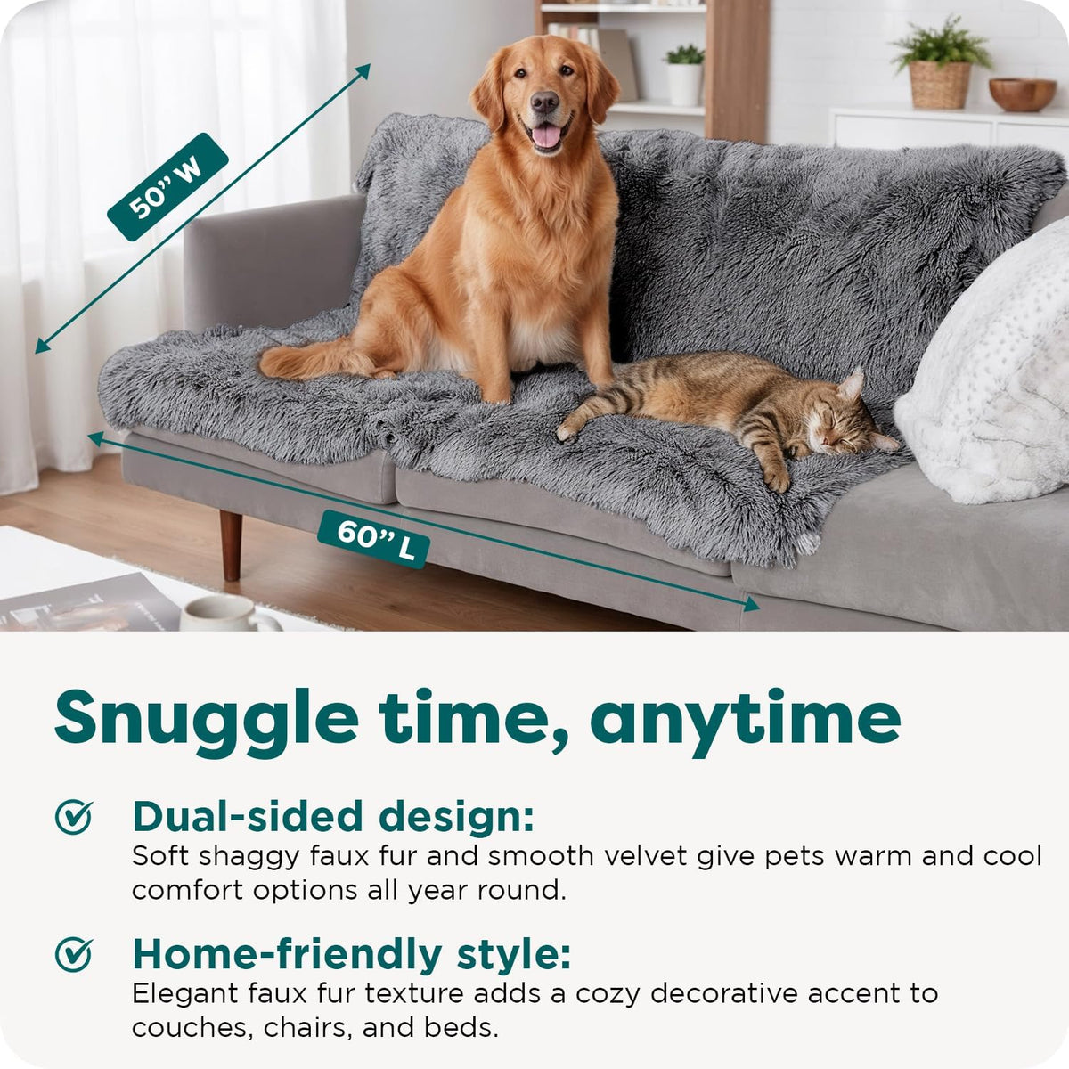 Waterproof Throw Blanket for Dogs & Indoor Cats, Washable - Shaggy Plush Calming Long Faux Fur & Velvet Dog Blanket - Gray, Large