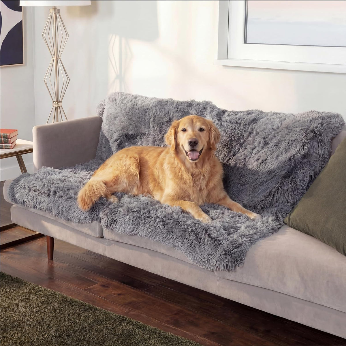 Waterproof Throw Blanket for Dogs & Indoor Cats, Washable - Shaggy Plush Calming Long Faux Fur & Velvet Dog Blanket - Gray, Large