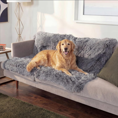 Waterproof Throw Blanket for Dogs & Indoor Cats, Washable - Shaggy Plush Calming Long Faux Fur & Velvet Dog Blanket - Gray, Large