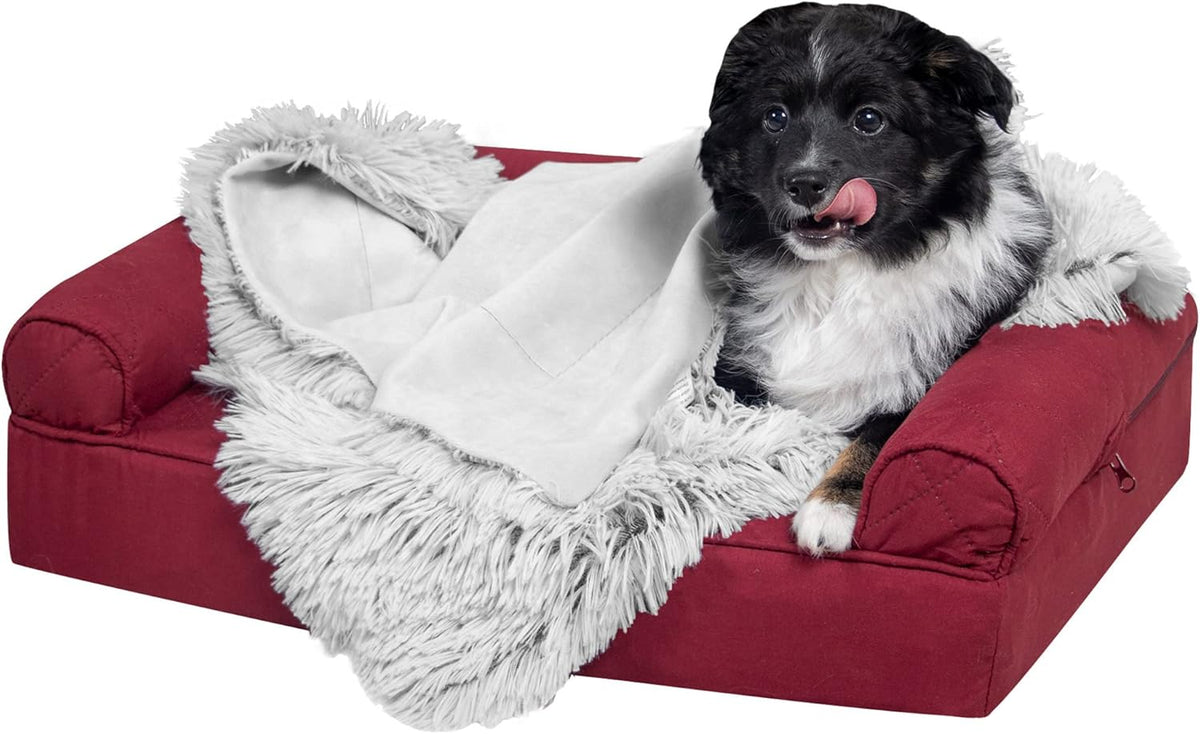 Waterproof Throw Blanket for Dogs & Indoor Cats, Washable - Shaggy Plush Calming Long Faux Fur & Velvet Dog Blanket - Gray, Large