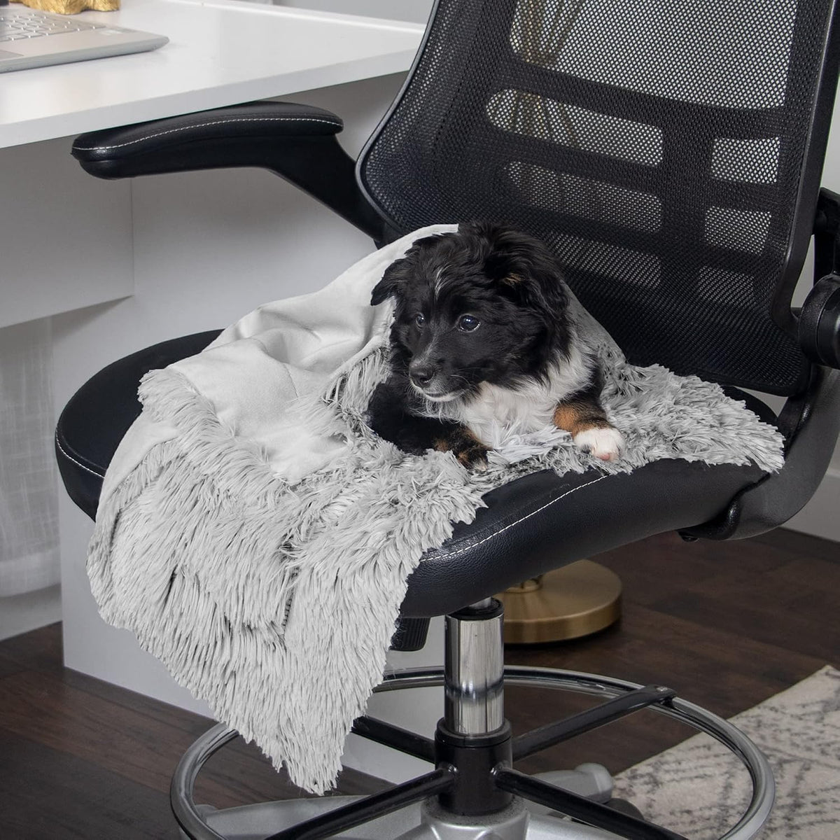 Waterproof Throw Blanket for Dogs & Indoor Cats, Washable - Shaggy Plush Calming Long Faux Fur & Velvet Dog Blanket - Gray, Large
