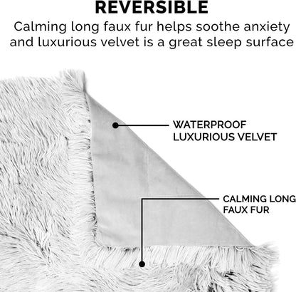 Waterproof Throw Blanket for Dogs & Indoor Cats, Washable - Shaggy Plush Calming Long Faux Fur & Velvet Dog Blanket - Gray, Large