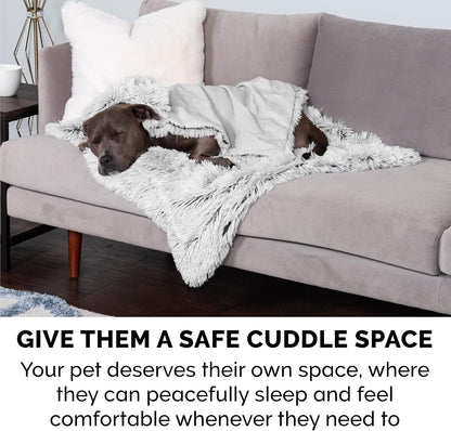 Waterproof Throw Blanket for Dogs & Indoor Cats, Washable - Shaggy Plush Calming Long Faux Fur & Velvet Dog Blanket - Gray, Large