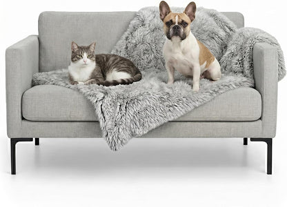 Waterproof Throw Blanket for Dogs & Indoor Cats, Washable - Shaggy Plush Calming Long Faux Fur & Velvet Dog Blanket - Gray, Large