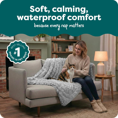 Waterproof Throw Blanket for Dogs & Indoor Cats, Washable - Shaggy Plush Calming Long Faux Fur & Velvet Dog Blanket - Gray, Large