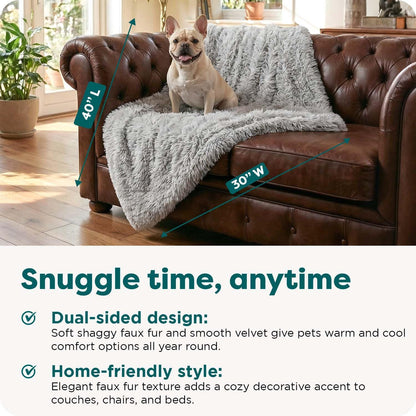 Waterproof Throw Blanket for Dogs & Indoor Cats, Washable - Shaggy Plush Calming Long Faux Fur & Velvet Dog Blanket - Gray, Large
