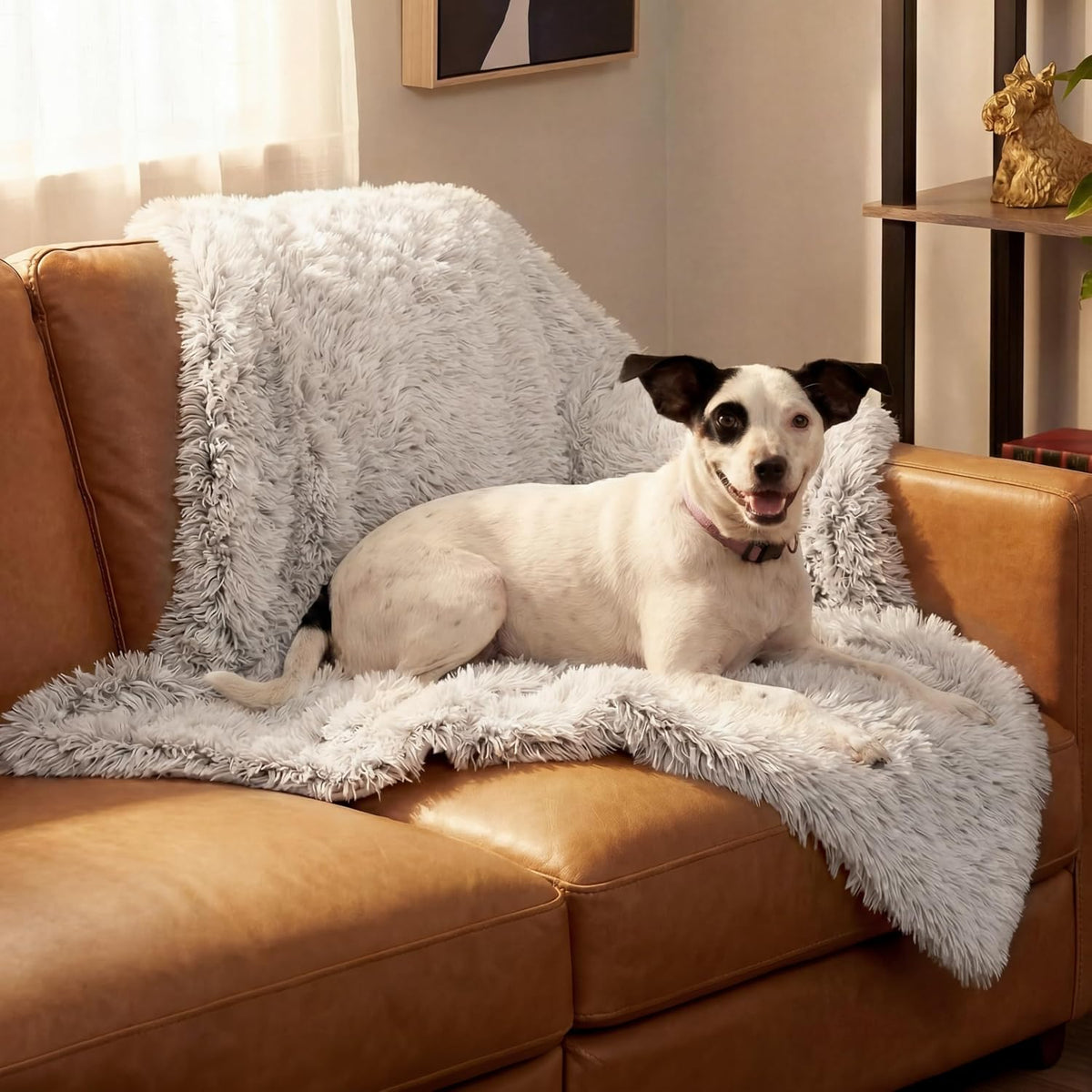 Waterproof Throw Blanket for Dogs & Indoor Cats, Washable - Shaggy Plush Calming Long Faux Fur & Velvet Dog Blanket - Gray, Large