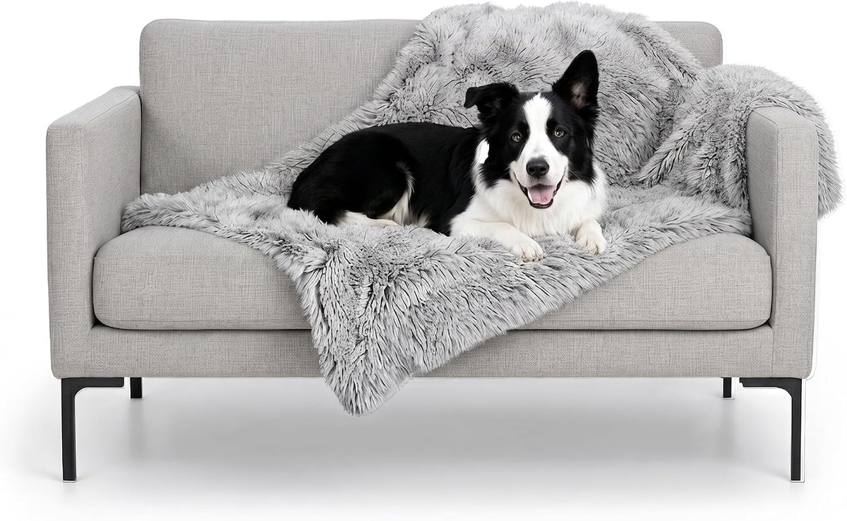 Waterproof Throw Blanket for Dogs & Indoor Cats, Washable - Shaggy Plush Calming Long Faux Fur & Velvet Dog Blanket - Gray, Large