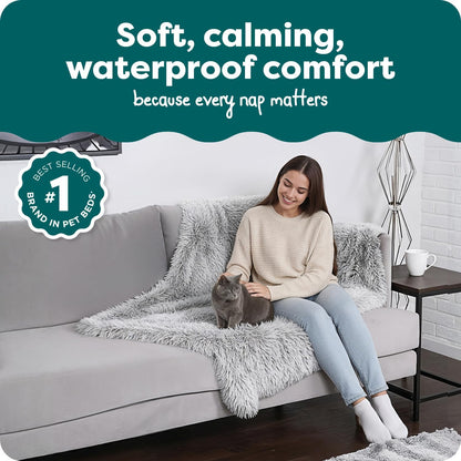 Waterproof Throw Blanket for Dogs & Indoor Cats, Washable - Shaggy Plush Calming Long Faux Fur & Velvet Dog Blanket - Gray, Large