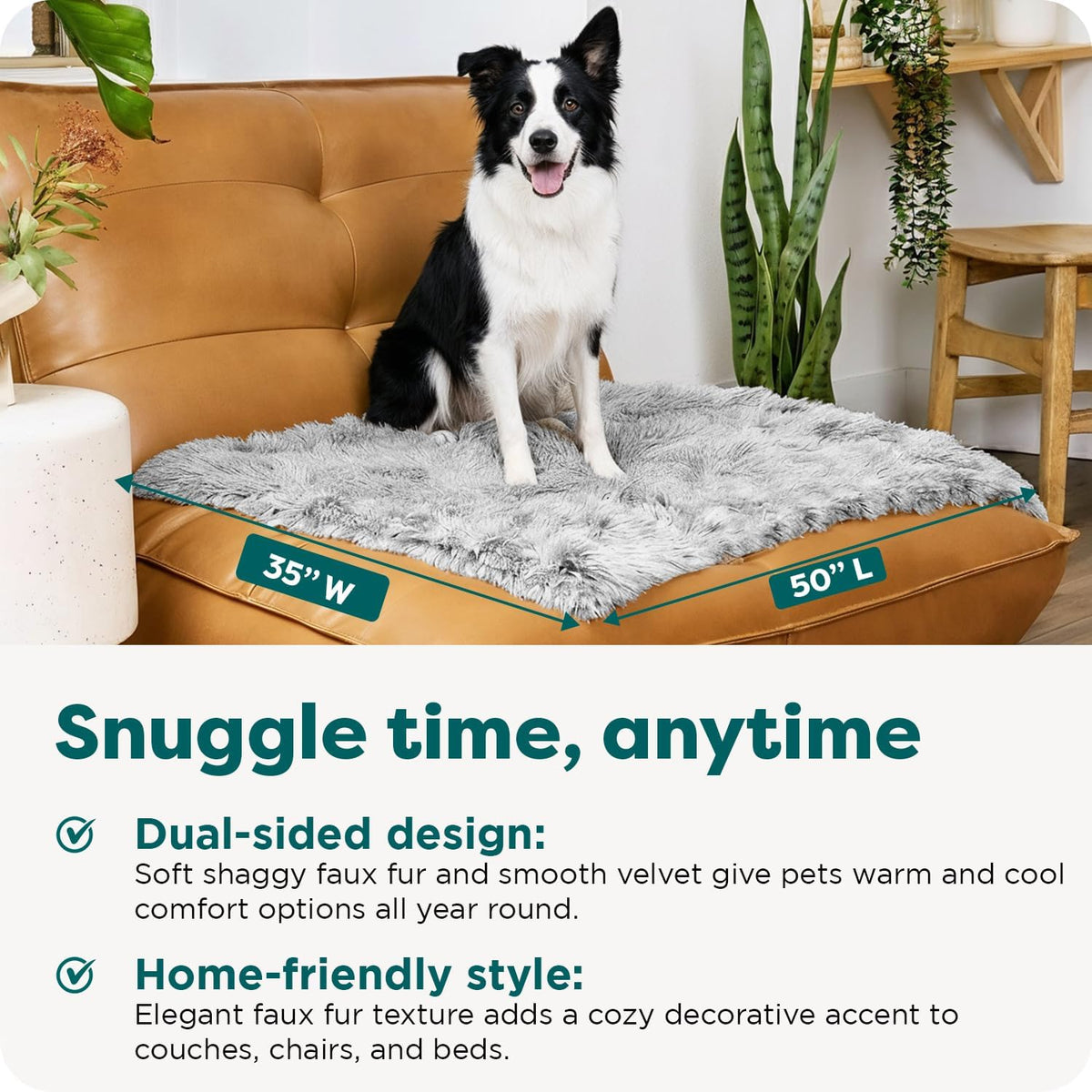 Waterproof Throw Blanket for Dogs & Indoor Cats, Washable - Shaggy Plush Calming Long Faux Fur & Velvet Dog Blanket - Gray, Large
