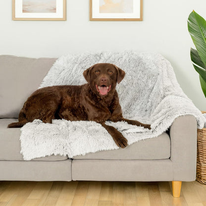 Waterproof Throw Blanket for Dogs & Indoor Cats, Washable - Shaggy Plush Calming Long Faux Fur & Velvet Dog Blanket - Gray, Large