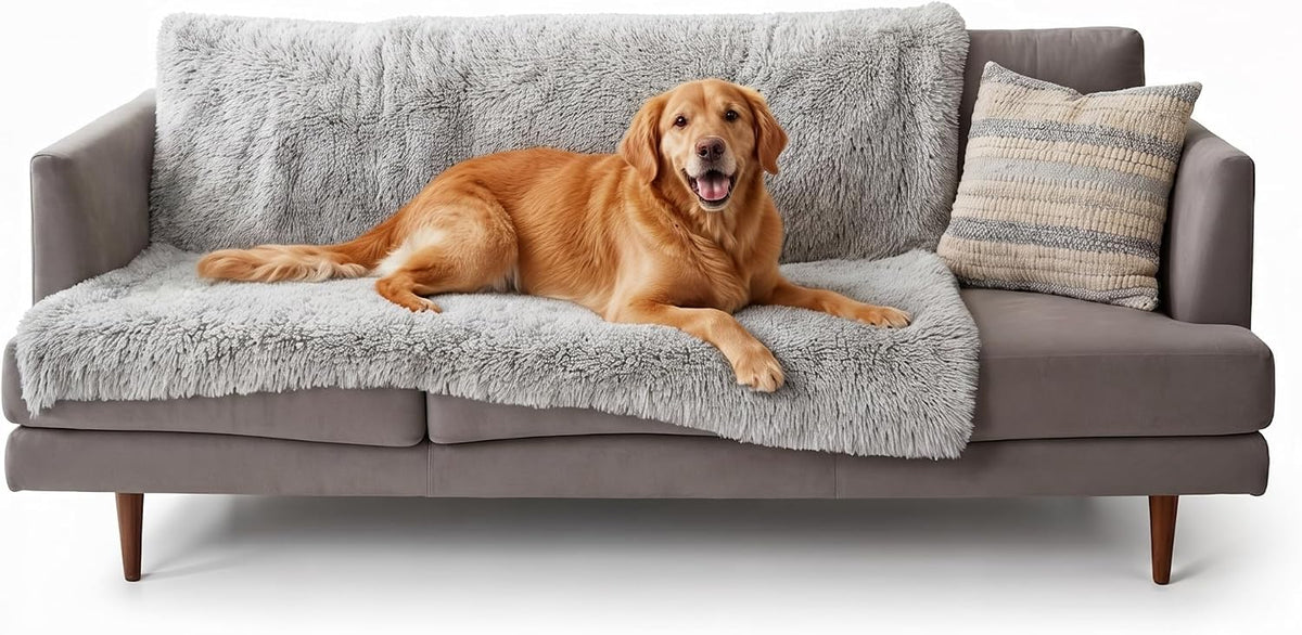 Waterproof Throw Blanket for Dogs & Indoor Cats, Washable - Shaggy Plush Calming Long Faux Fur & Velvet Dog Blanket - Gray, Large