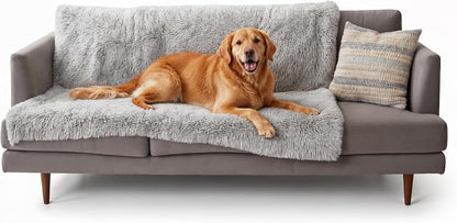 Waterproof Throw Blanket for Dogs & Indoor Cats, Washable - Shaggy Plush Calming Long Faux Fur & Velvet Dog Blanket - Gray, Large