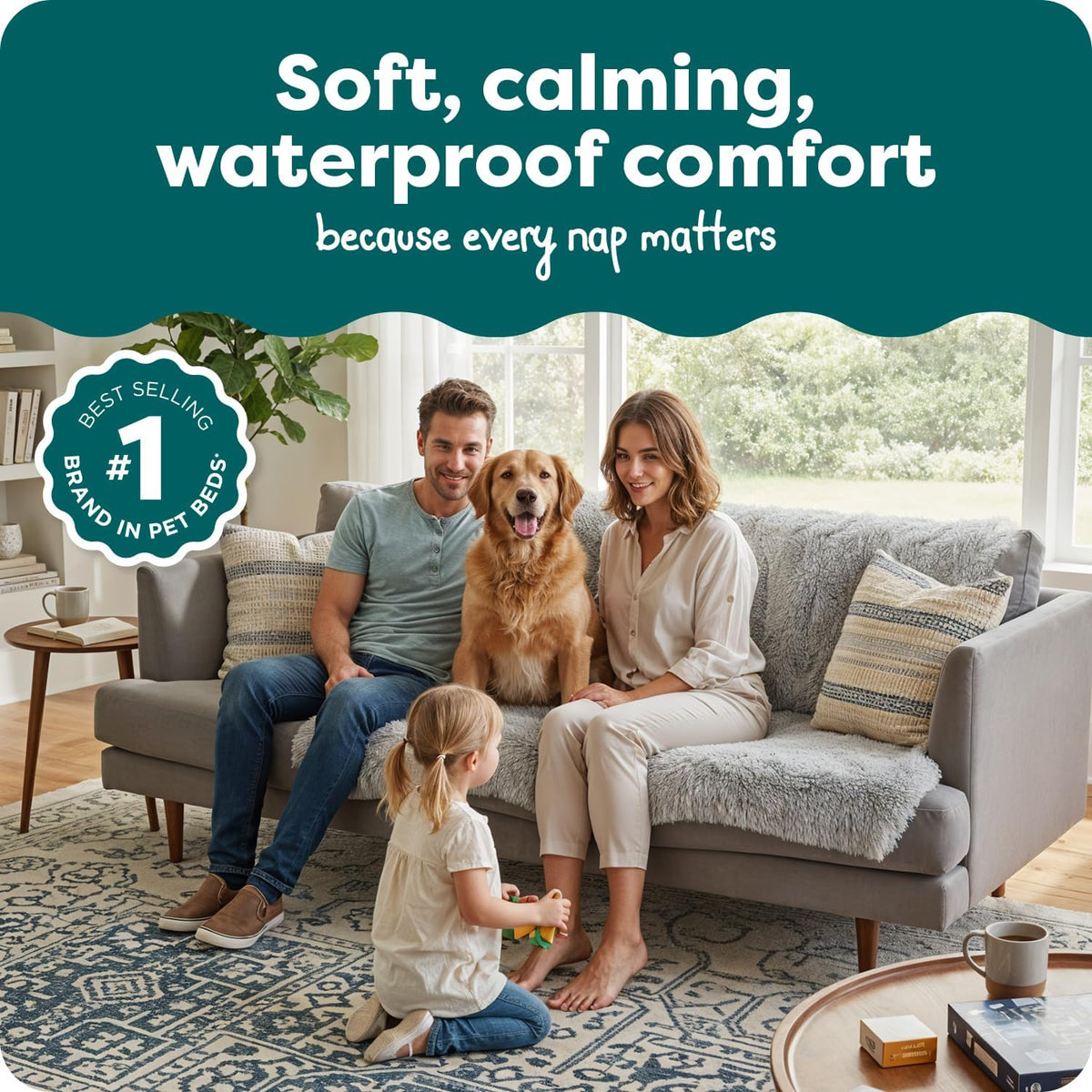 Waterproof Throw Blanket for Dogs & Indoor Cats, Washable - Shaggy Plush Calming Long Faux Fur & Velvet Dog Blanket - Gray, Large