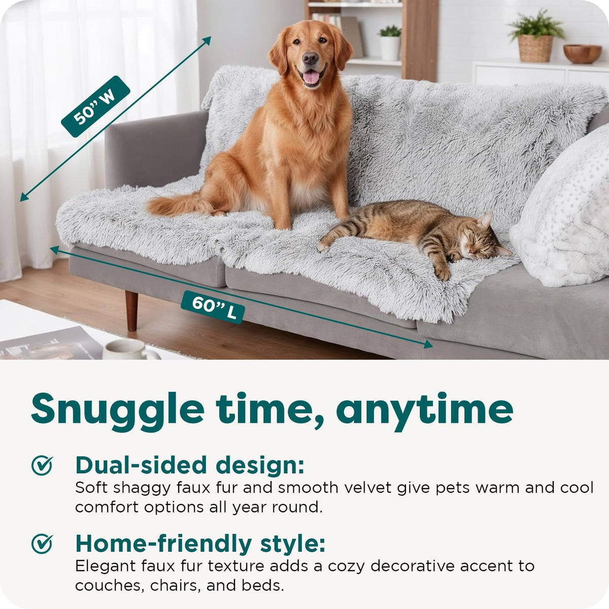 Waterproof Throw Blanket for Dogs & Indoor Cats, Washable - Shaggy Plush Calming Long Faux Fur & Velvet Dog Blanket - Gray, Large