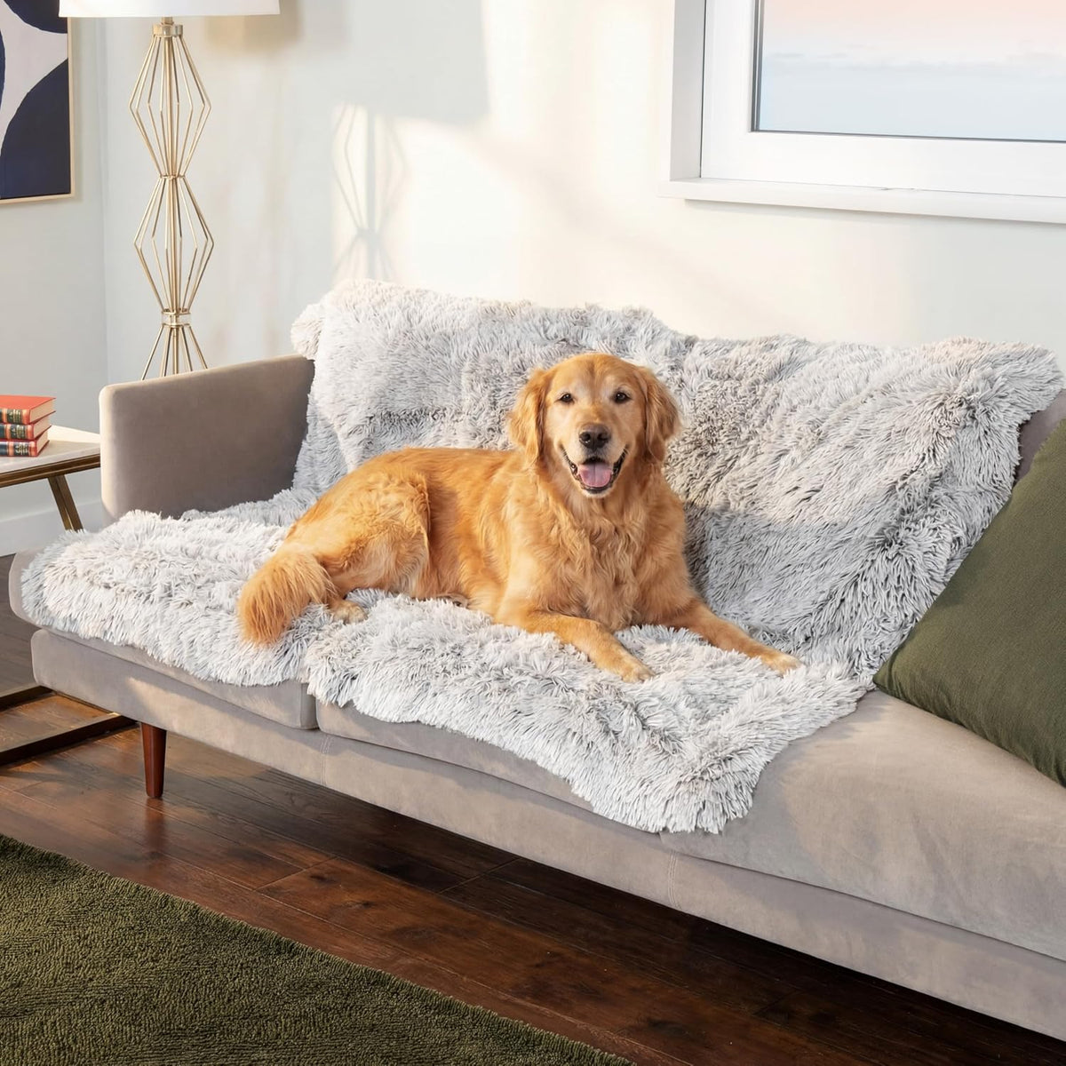 Waterproof Throw Blanket for Dogs & Indoor Cats, Washable - Shaggy Plush Calming Long Faux Fur & Velvet Dog Blanket - Gray, Large