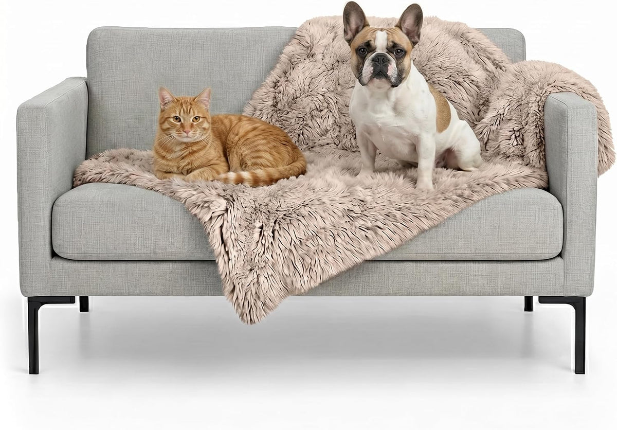 Waterproof Throw Blanket for Dogs & Indoor Cats, Washable - Shaggy Plush Calming Long Faux Fur & Velvet Dog Blanket - Gray, Large