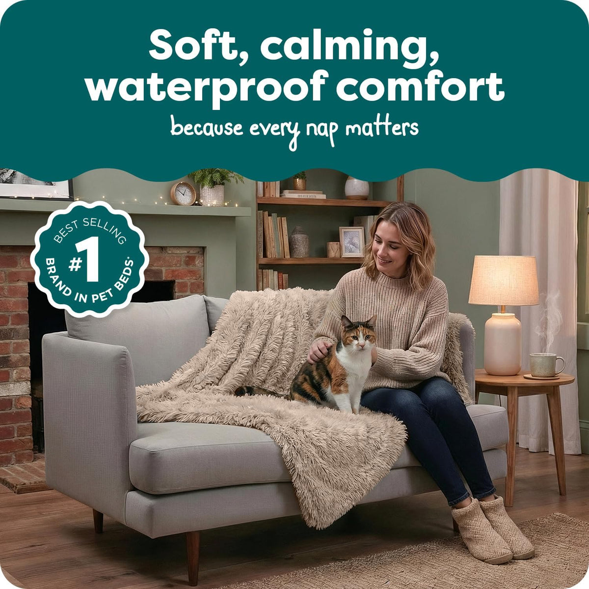 Waterproof Throw Blanket for Dogs & Indoor Cats, Washable - Shaggy Plush Calming Long Faux Fur & Velvet Dog Blanket - Gray, Large