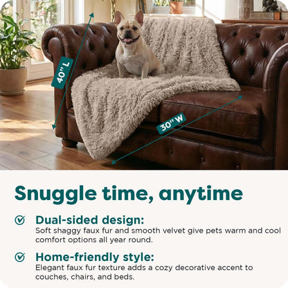 Waterproof Throw Blanket for Dogs & Indoor Cats, Washable - Shaggy Plush Calming Long Faux Fur & Velvet Dog Blanket - Gray, Large