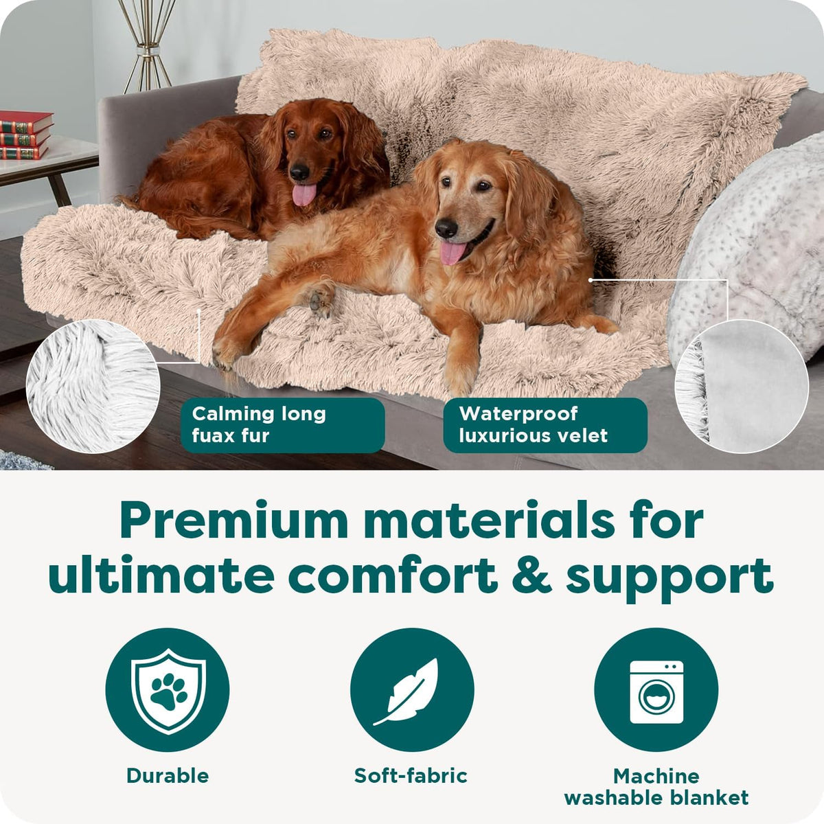 Waterproof Throw Blanket for Dogs & Indoor Cats, Washable - Shaggy Plush Calming Long Faux Fur & Velvet Dog Blanket - Gray, Large