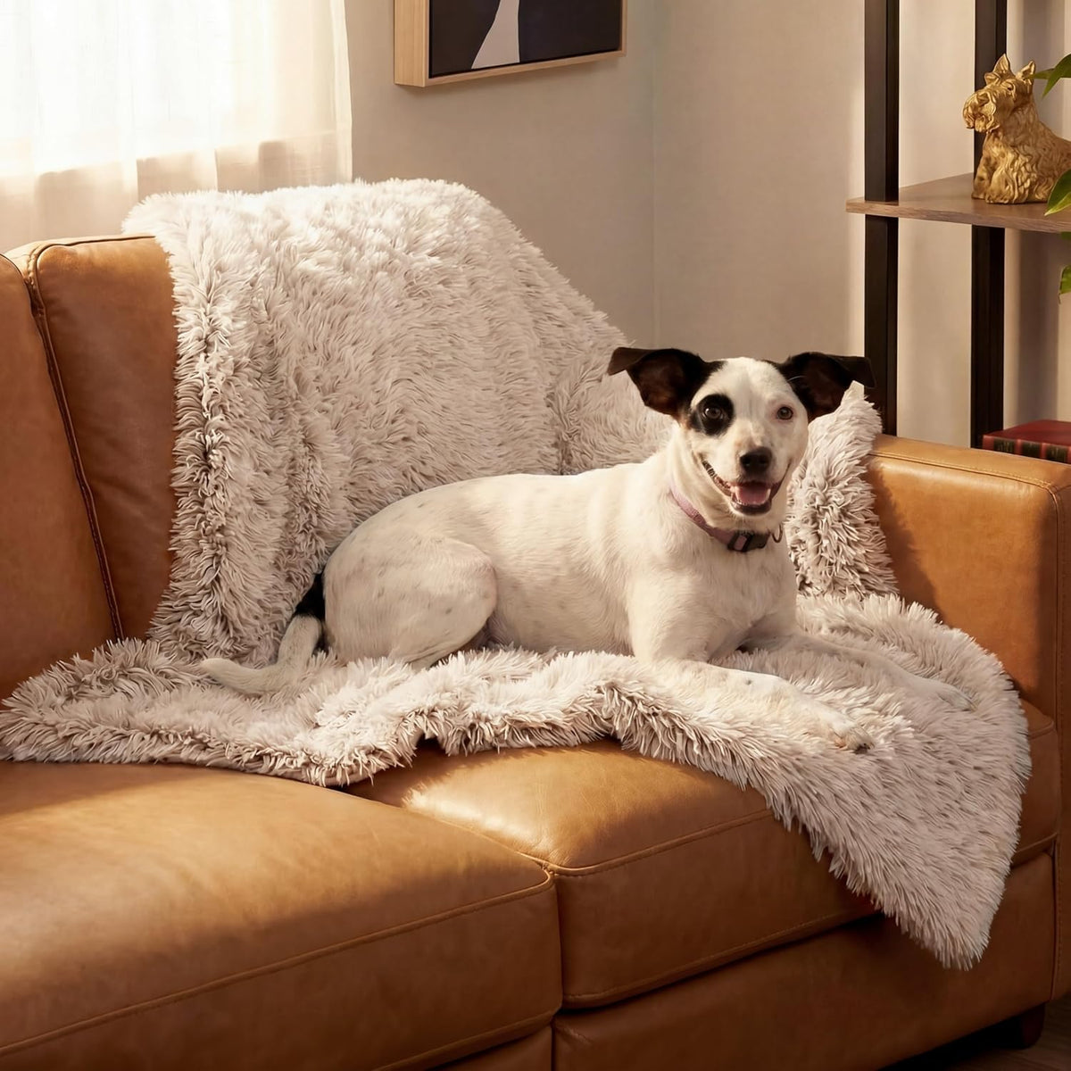 Waterproof Throw Blanket for Dogs & Indoor Cats, Washable - Shaggy Plush Calming Long Faux Fur & Velvet Dog Blanket - Gray, Large