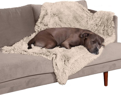 Waterproof Throw Blanket for Dogs & Indoor Cats, Washable - Shaggy Plush Calming Long Faux Fur & Velvet Dog Blanket - Gray, Large