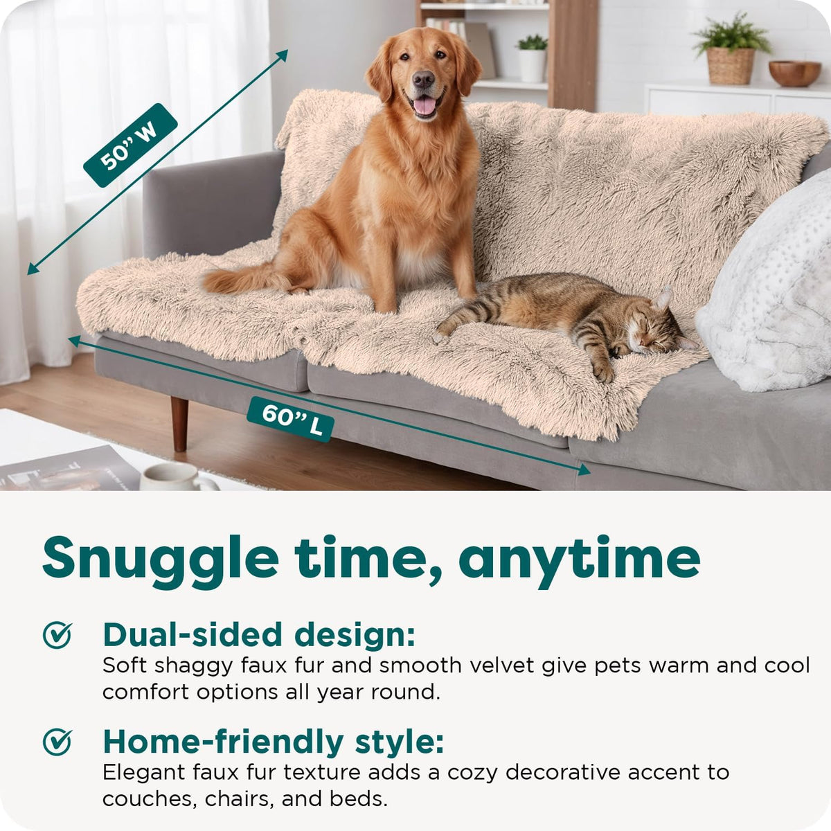 Waterproof Throw Blanket for Dogs & Indoor Cats, Washable - Shaggy Plush Calming Long Faux Fur & Velvet Dog Blanket - Gray, Large