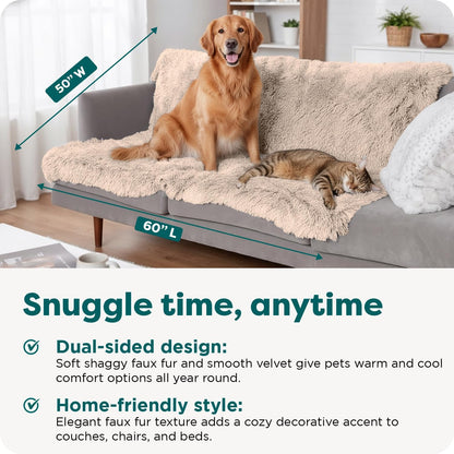 Waterproof Throw Blanket for Dogs & Indoor Cats, Washable - Shaggy Plush Calming Long Faux Fur & Velvet Dog Blanket - Gray, Large