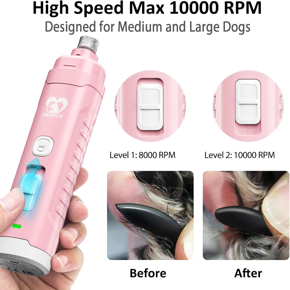 Dog Nail Grinder with 2 LED Light for Large Medium Small Dogs - 3X More Powerful 2-Speed Electric Pet Nail Trimmer Rechargeable Quiet Painless Paws Grooming & Smoothing Tool