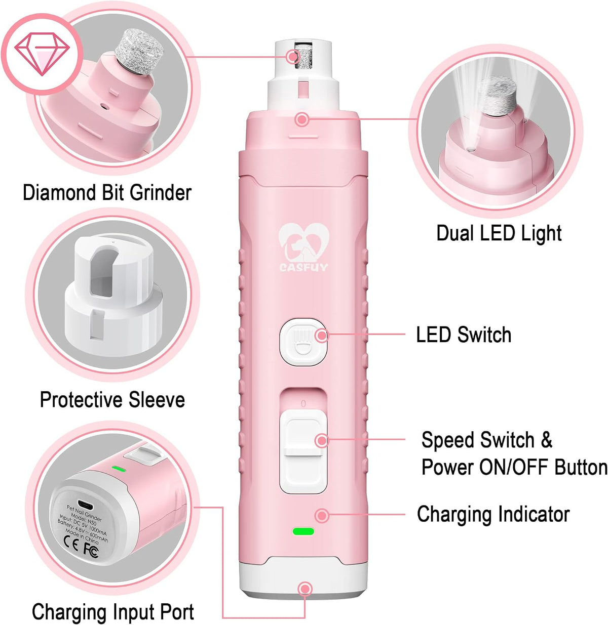 Dog Nail Grinder with 2 LED Light for Large Medium Small Dogs - 3X More Powerful 2-Speed Electric Pet Nail Trimmer Rechargeable Quiet Painless Paws Grooming & Smoothing Tool