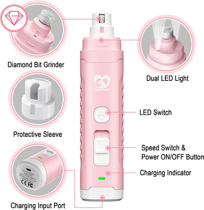 Dog Nail Grinder with 2 LED Light for Large Medium Small Dogs - 3X More Powerful 2-Speed Electric Pet Nail Trimmer Rechargeable Quiet Painless Paws Grooming & Smoothing Tool