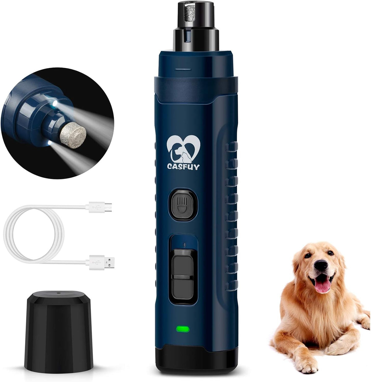 Dog Nail Grinder with 2 LED Light for Large Medium Small Dogs - 3X More Powerful 2-Speed Electric Pet Nail Trimmer Rechargeable Quiet Painless Paws Grooming & Smoothing Tool