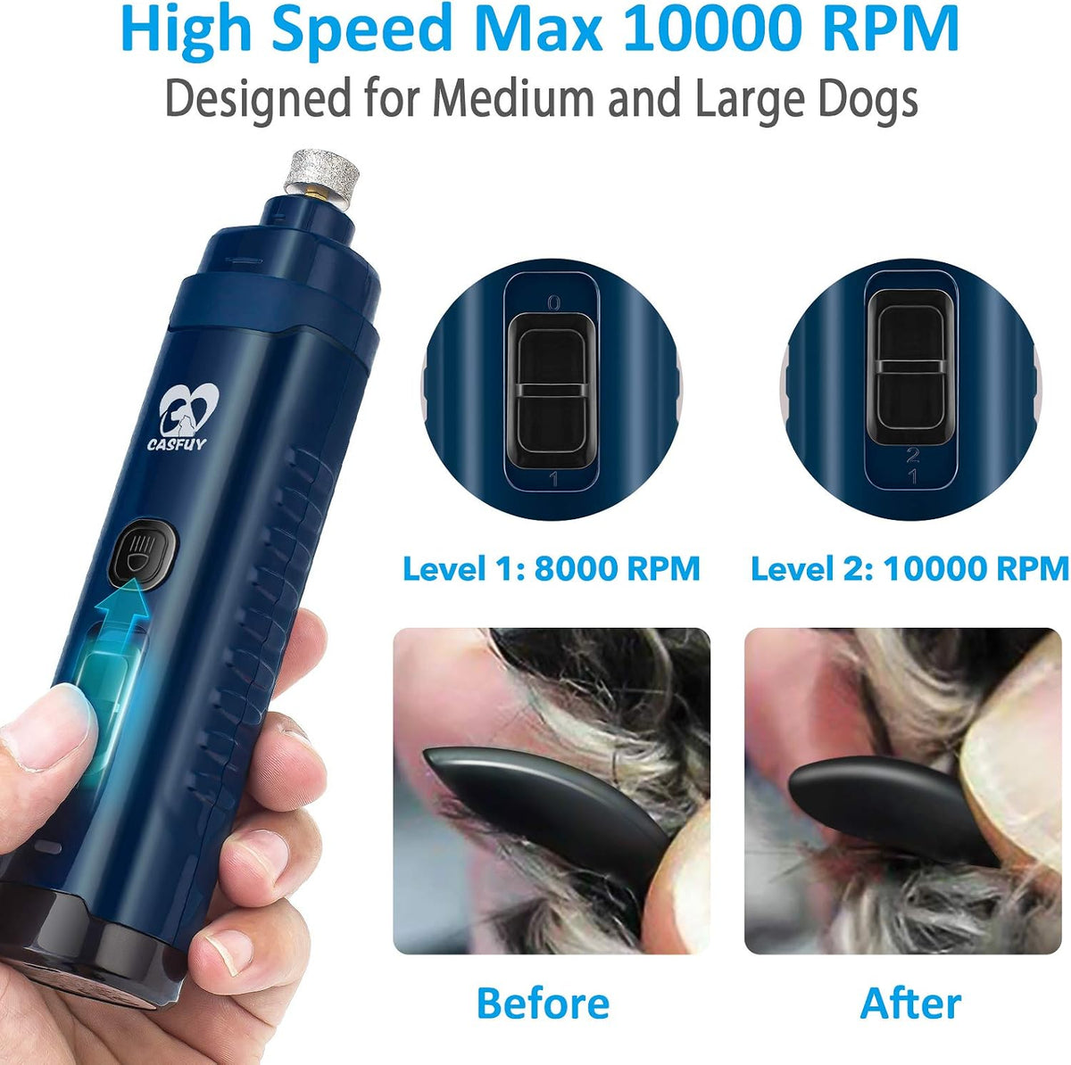 Dog Nail Grinder with 2 LED Light for Large Medium Small Dogs - 3X More Powerful 2-Speed Electric Pet Nail Trimmer Rechargeable Quiet Painless Paws Grooming & Smoothing Tool