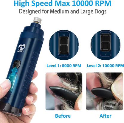 Dog Nail Grinder with 2 LED Light for Large Medium Small Dogs - 3X More Powerful 2-Speed Electric Pet Nail Trimmer Rechargeable Quiet Painless Paws Grooming & Smoothing Tool