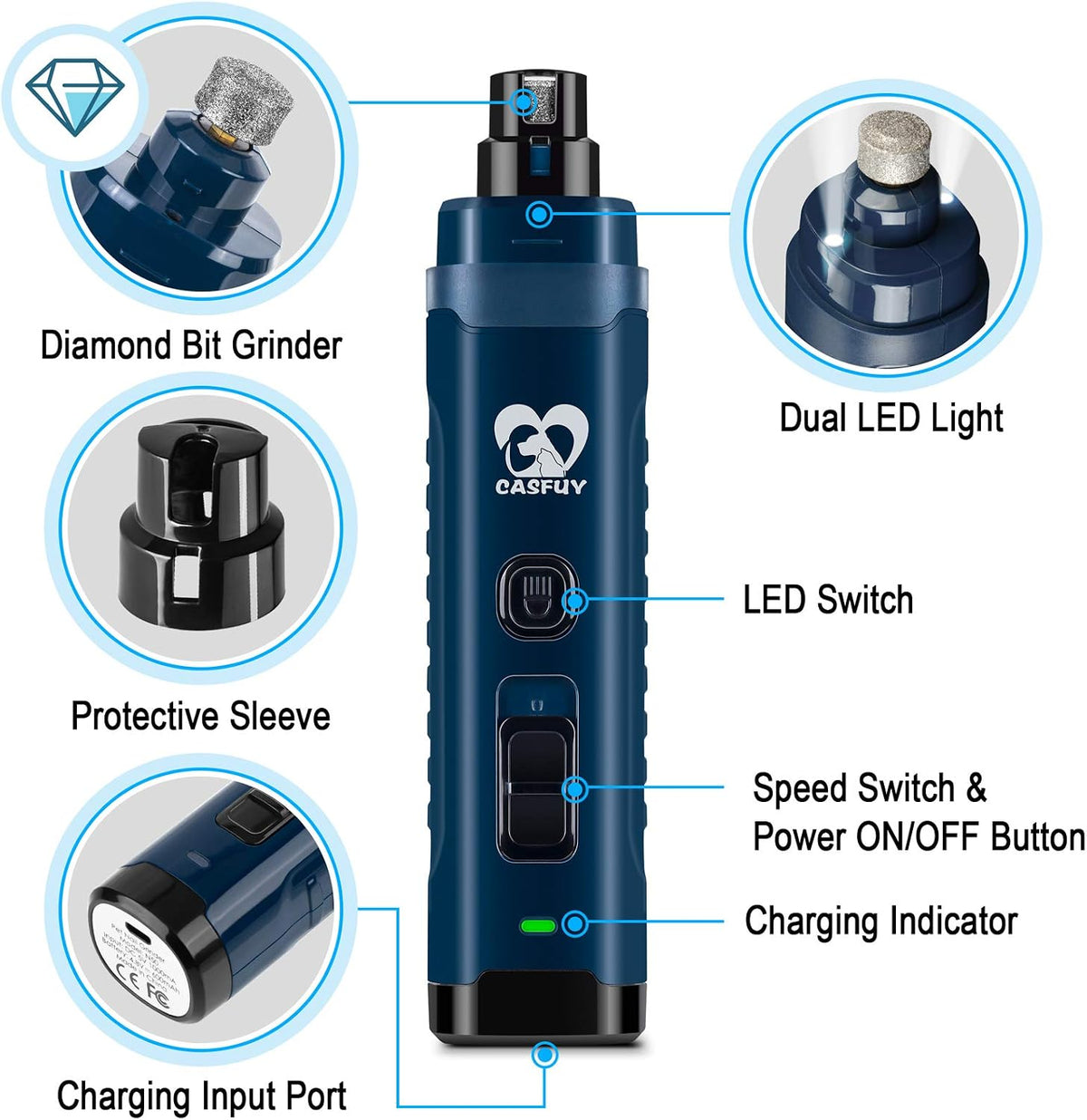 Dog Nail Grinder with 2 LED Light for Large Medium Small Dogs - 3X More Powerful 2-Speed Electric Pet Nail Trimmer Rechargeable Quiet Painless Paws Grooming & Smoothing Tool