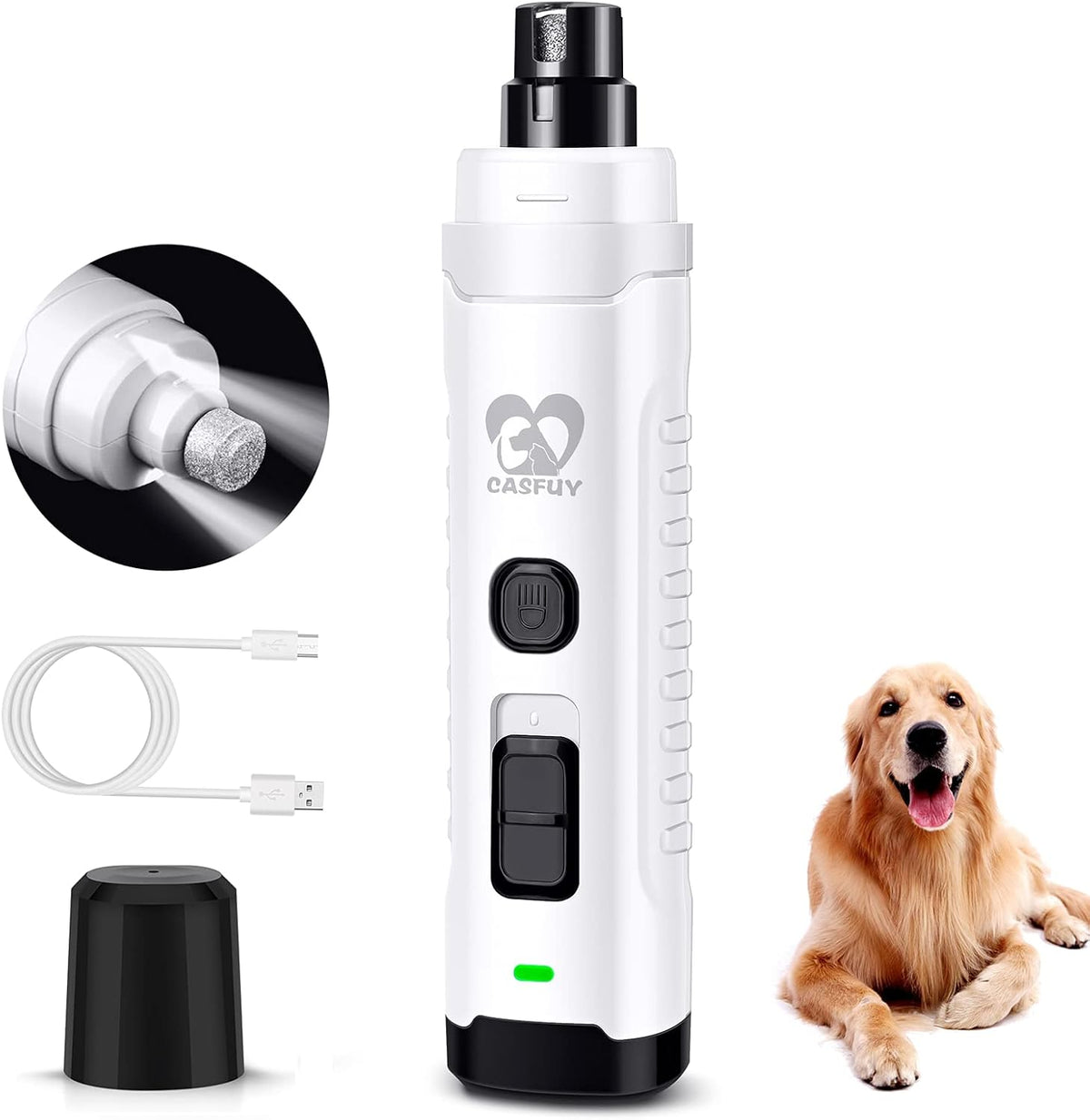 Dog Nail Grinder with 2 LED Light for Large Medium Small Dogs - 3X More Powerful 2-Speed Electric Pet Nail Trimmer Rechargeable Quiet Painless Paws Grooming & Smoothing Tool
