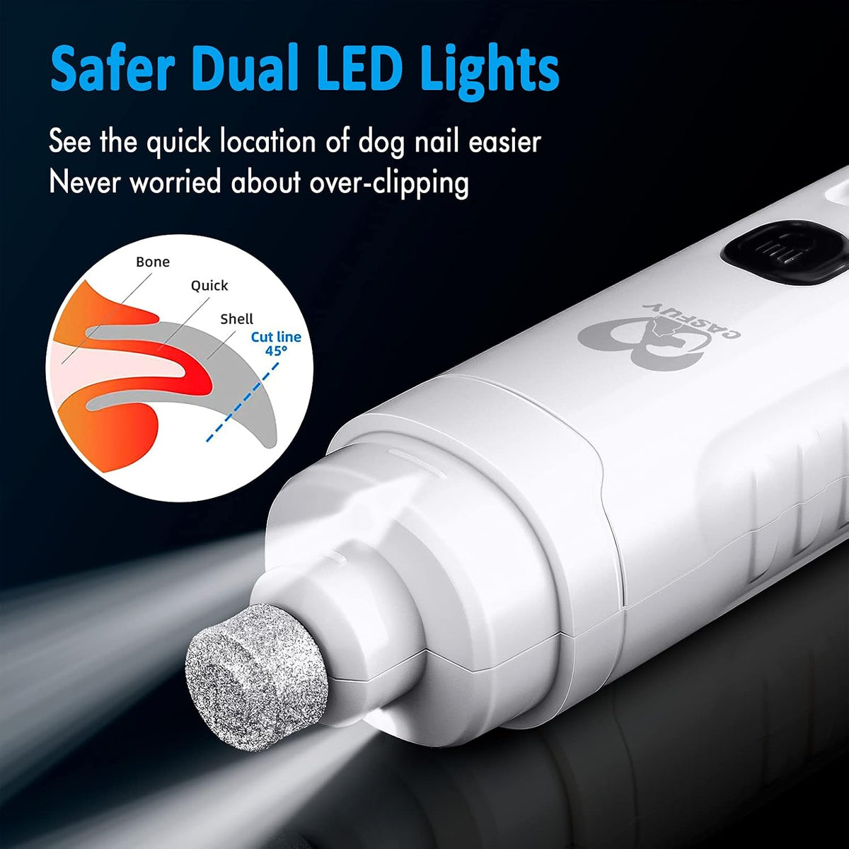 Dog Nail Grinder with 2 LED Light for Large Medium Small Dogs - 3X More Powerful 2-Speed Electric Pet Nail Trimmer Rechargeable Quiet Painless Paws Grooming & Smoothing Tool