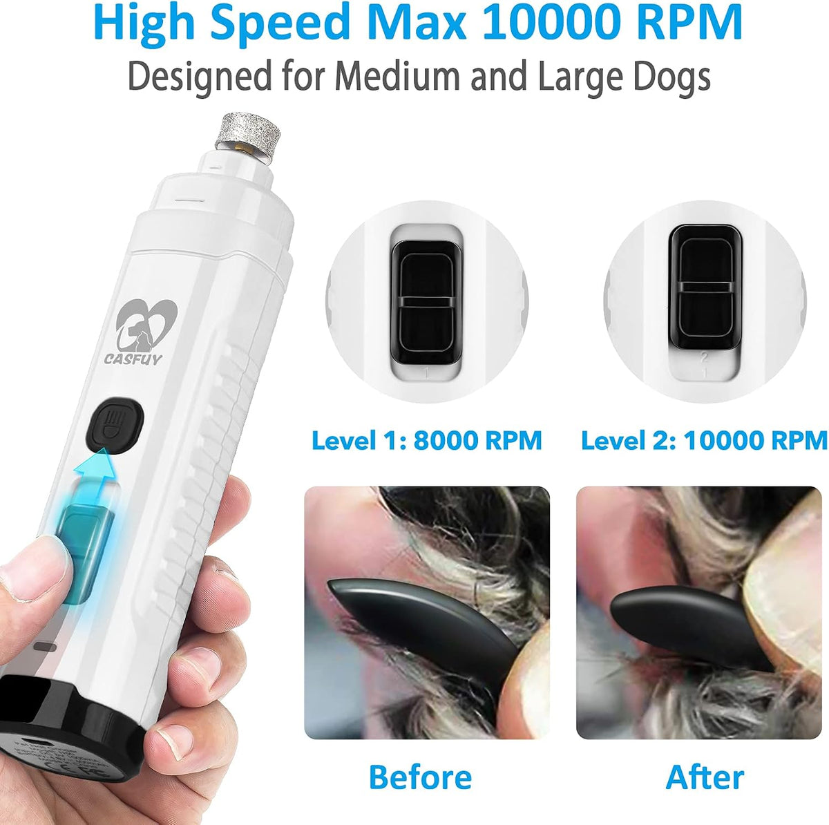 Dog Nail Grinder with 2 LED Light for Large Medium Small Dogs - 3X More Powerful 2-Speed Electric Pet Nail Trimmer Rechargeable Quiet Painless Paws Grooming & Smoothing Tool