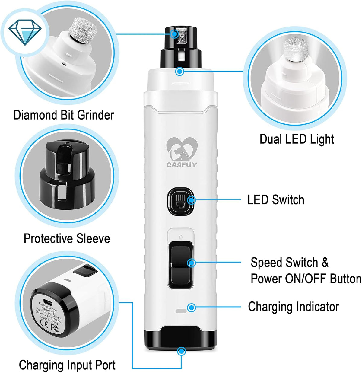 Dog Nail Grinder with 2 LED Light for Large Medium Small Dogs - 3X More Powerful 2-Speed Electric Pet Nail Trimmer Rechargeable Quiet Painless Paws Grooming & Smoothing Tool