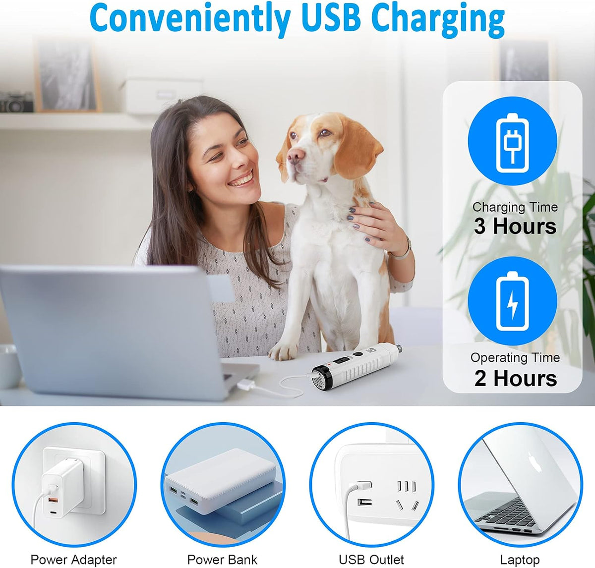 Dog Nail Grinder with 2 LED Light for Large Medium Small Dogs - 3X More Powerful 2-Speed Electric Pet Nail Trimmer Rechargeable Quiet Painless Paws Grooming & Smoothing Tool